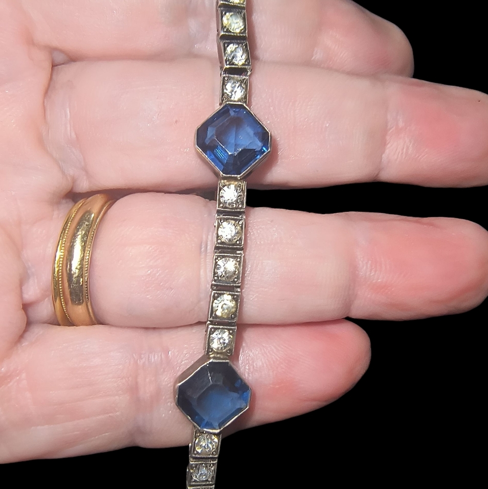Antique Chapin & Hollister Sterling Silver Blue & Clear Rhinestone Bracelet - Picture 5 of 9